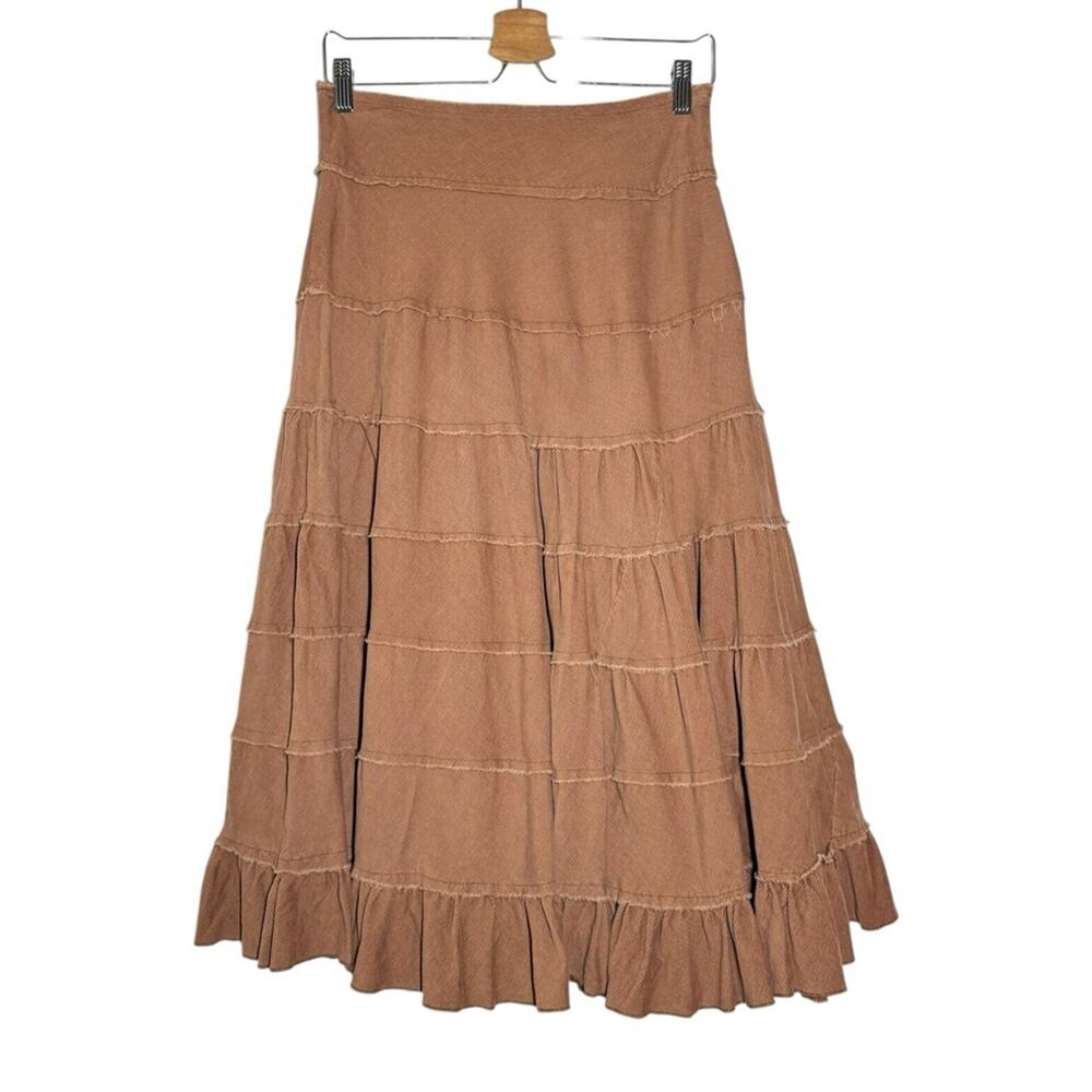 Vintage Y2K Brown Tan Corduroy Tiered Boho Midi Skirt - 4 Small